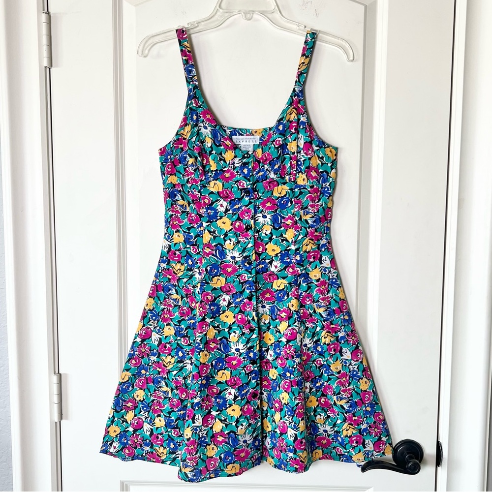 Vintage 90s Express Floral Rayon Mini Sundress Button Front Sz 3/4
